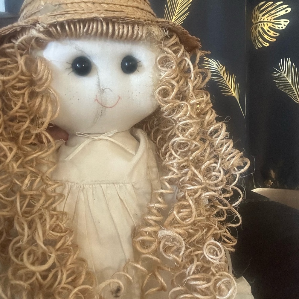 Charming Doll with Curly Hair and Straw Hat black boots